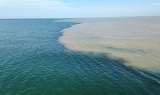 The muddy waters of the Genesee River in flood enter the clear waters of Lake Ontario near Rochester, NY.